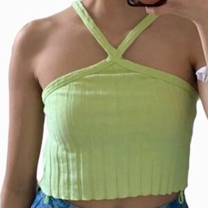 Zara Ribbed Cotton Knit Cropped Top in Green Women’s M